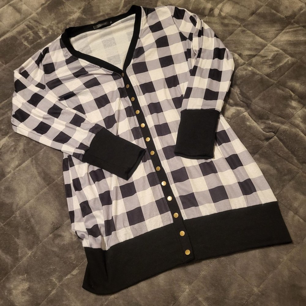 Fashion Women's Button Up Cardigan T-Shirt Cover Up, Black/White, XL